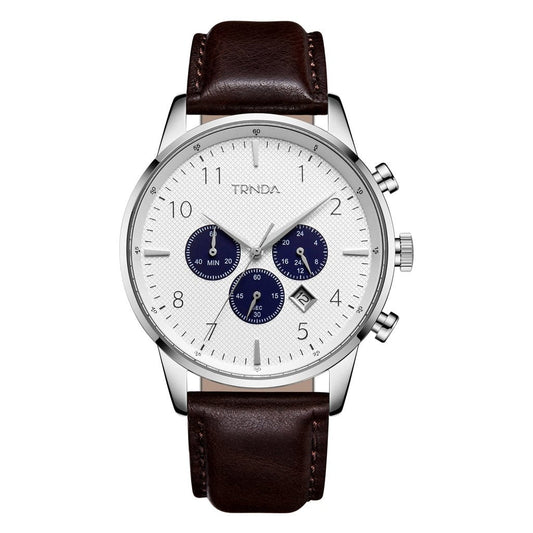 TRNDA MEN'S TIMEPIECE - STAINLESS STEEL & BROWN LEATHER - SILVER WHITE DIAL ELEGANCE-0