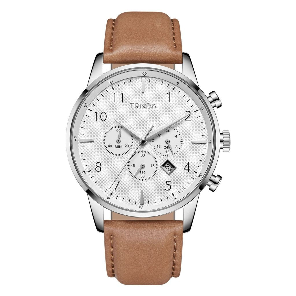 TRNDA STAINLESS STEEL MEN'S WATCH - ELEGANT SILVER DIAL & TAN LEATHER BAND - A TIMELESS TRENDSETTER-0