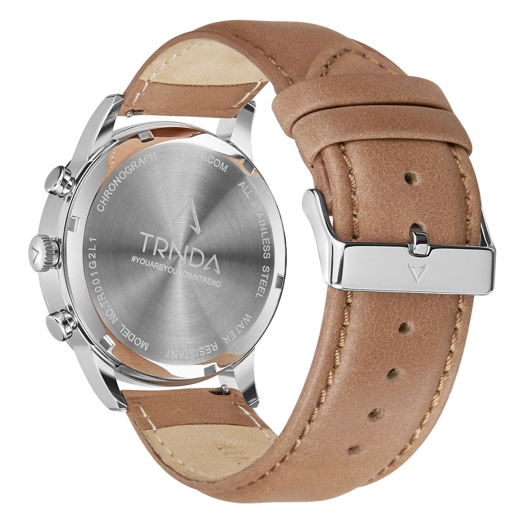 TRNDA STAINLESS STEEL MEN'S WATCH - ELEGANT SILVER DIAL & TAN LEATHER BAND - A TIMELESS TRENDSETTER-3