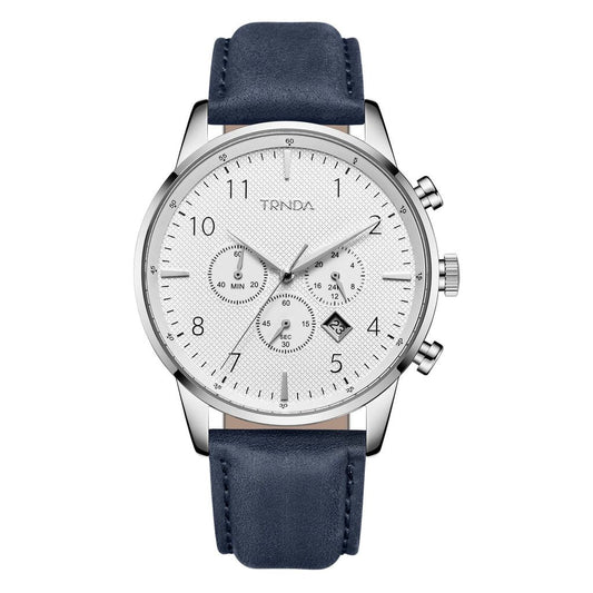 TRNDA MEN'S STAINLESS STEEL WATCH - ELEGANT BLUE LEATHER STRAP & UNIQUE SILVER DIAL-0