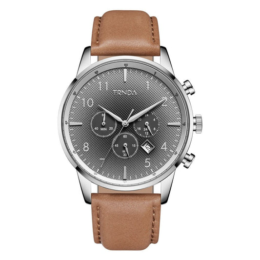 TRNDA STAINLESS STEEL 43MM MEN'S WATCH - TIMELESS GRADIENT STEEL GRAY DIAL WITH TAN LEATHER BAND-0