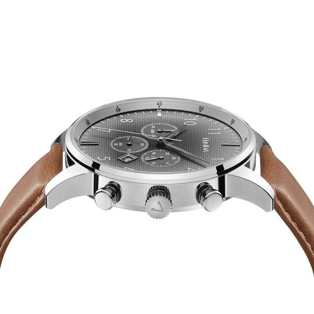 TRNDA STAINLESS STEEL 43MM MEN'S WATCH - TIMELESS GRADIENT STEEL GRAY DIAL WITH TAN LEATHER BAND-2