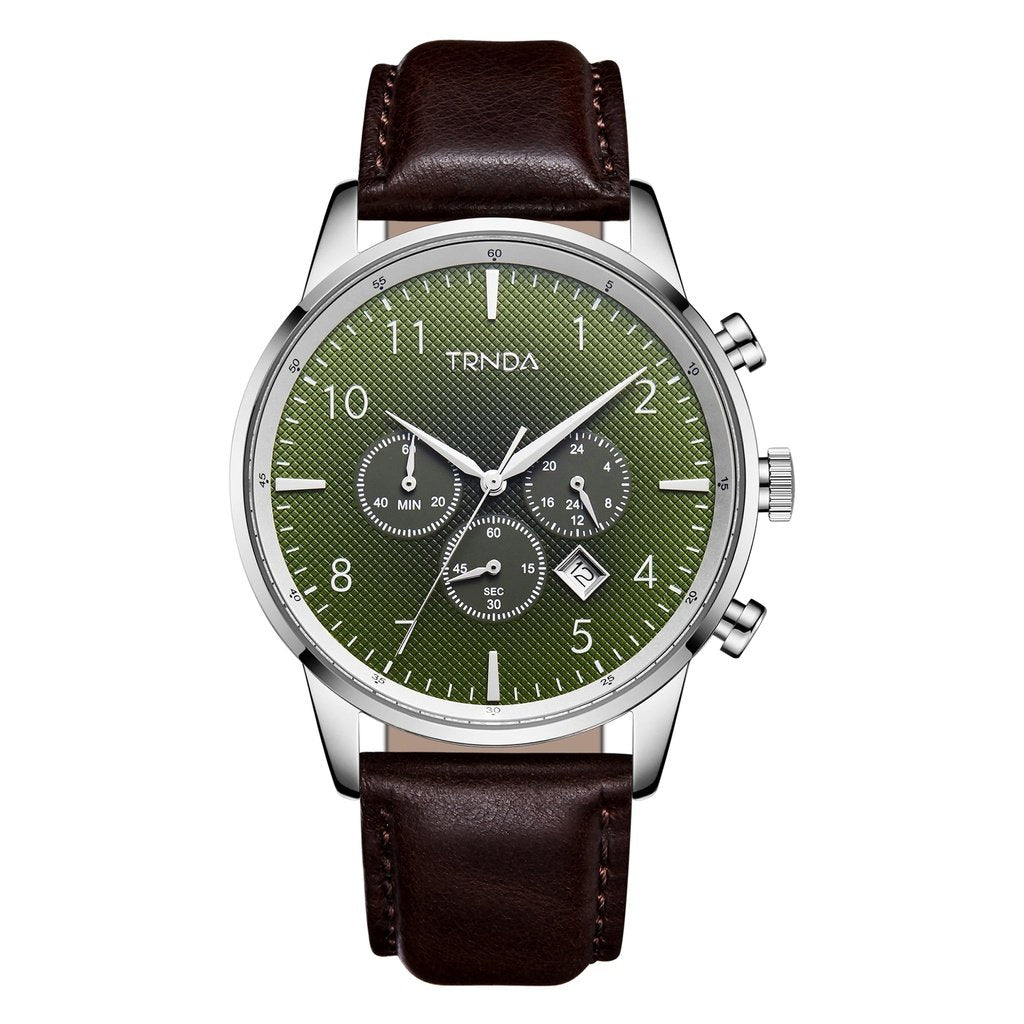 TRNDA STAINLESS STEEL CLASSIC - GRADIENT SEAWEED GREEN DIAL MEN'S WATCH with Brown Leather Band-0