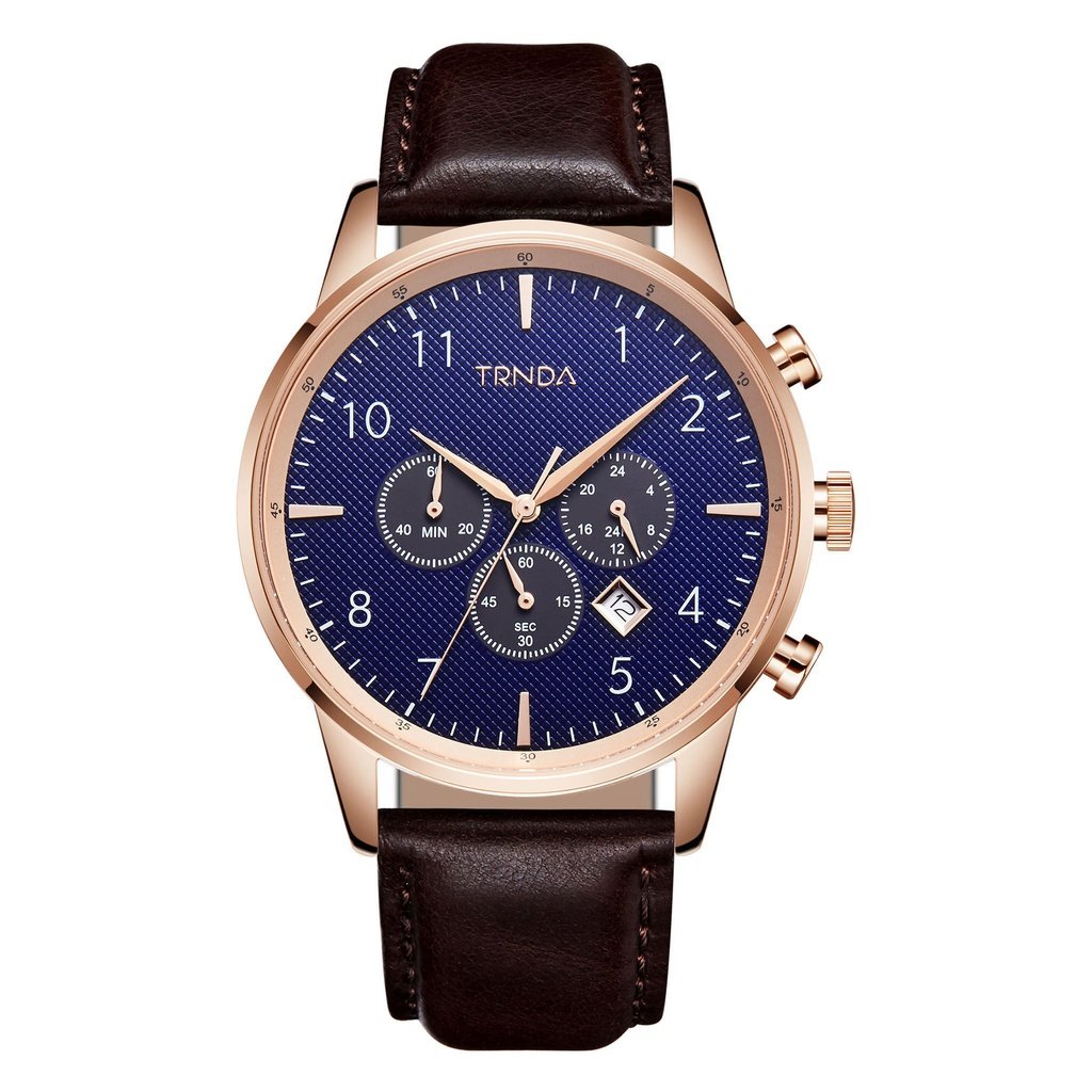 TRNDA MENS ROSE GOLD STAINLESS STEEL WATCH - TIMELESS STYLE WITH DARK BLUE DIAL & BROWN LEATHER BAND-0