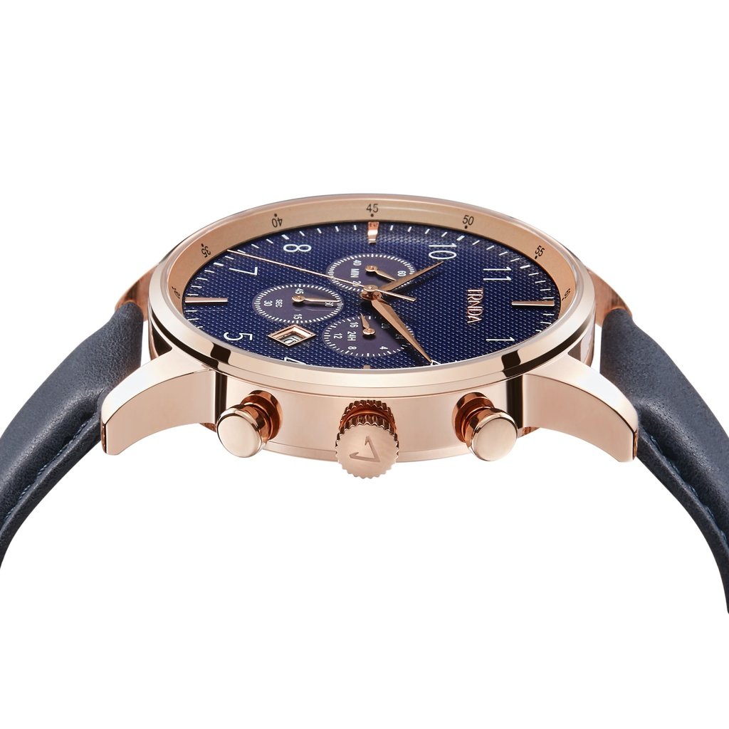 TRNDA ROSE GOLD STAINLESS STEEL MEN'S WATCH - ELEGANT BLUE DIAL & LEATHER BAND-2