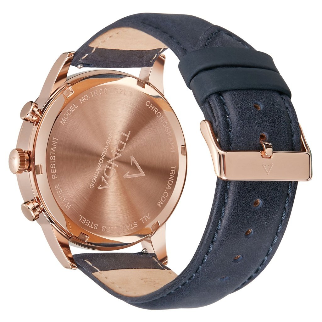 TRNDA ROSE GOLD STAINLESS STEEL MEN'S WATCH - ELEGANT BLUE DIAL & LEATHER BAND-3