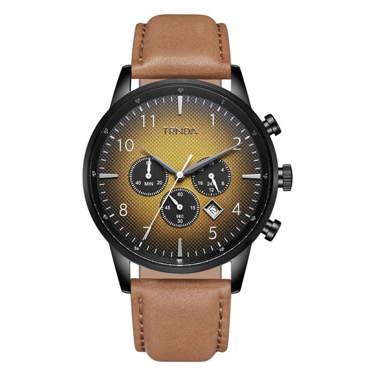 TRNDA STAINLESS STEEL 43MM BLACK DIAL MENS WATCH - TRENDY TAN LEATHER BAND-0