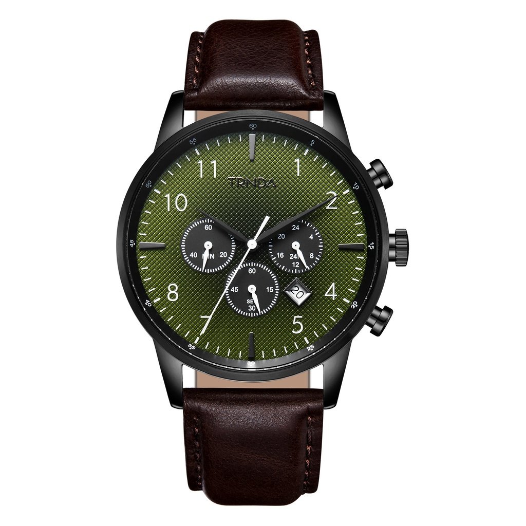 TRNDA STAINLESS STEEL MEN'S WATCH - TIMELESS BLACK & SEAWEED GREEN DIAL with BROWN LEATHER BAND-0