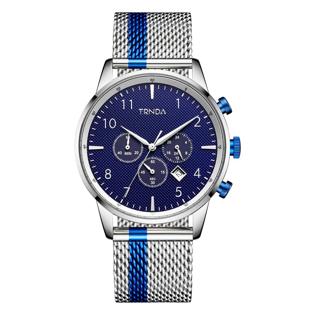 TRNDA STYLISH STAINLESS STEEL MEN'S WATCH - ELEGANT BLUE DIAL & SILVER MESH BAND-0