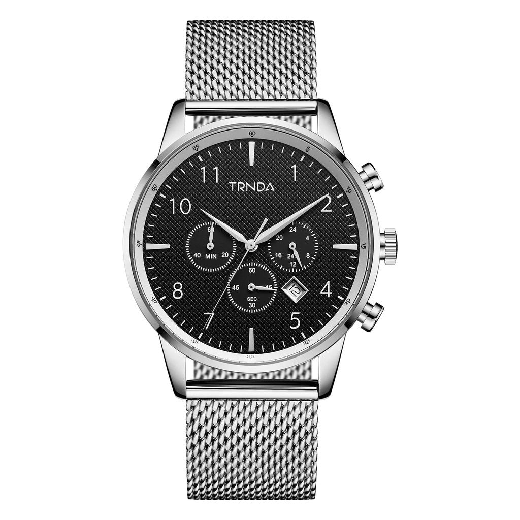 TRNDA STYLISH MEN'S WATCH - TIMELESS SILVER 43MM STAINLESS STEEL WITH CHARCOAL DIAL & MESH BAND-0