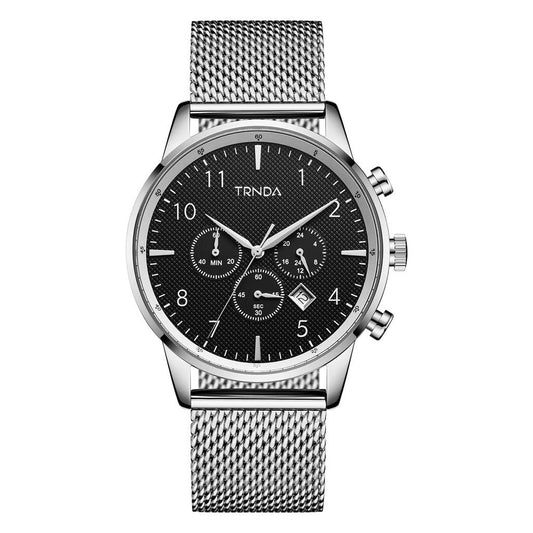 TRNDA STYLISH MEN'S WATCH - TIMELESS SILVER 43MM STAINLESS STEEL WITH CHARCOAL DIAL & MESH BAND-0