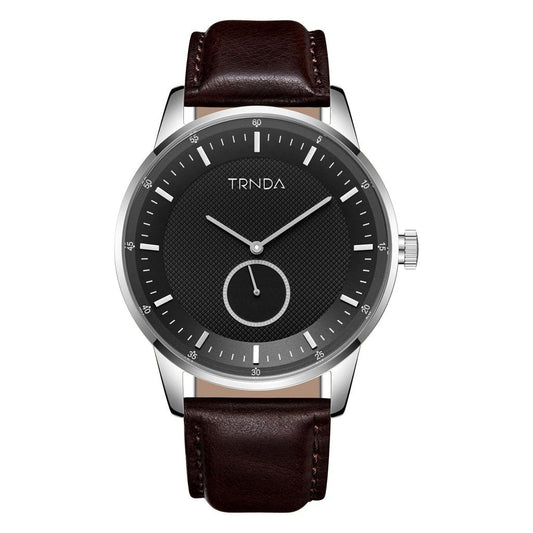 TRNDA MEN'S STAINLESS STEEL TIMEPIECE - ELEGANT BLACK DIAL & BROWN LEATHER BAND-0