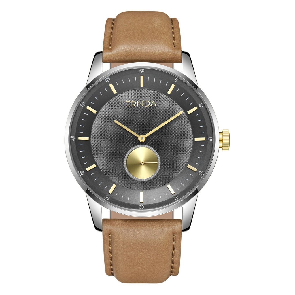 TRNDA STAINLESS STEEL 43MM MEN'S WATCH - ELEGANT GRADIENT LIGHT GRAY DIAL & TAN LEATHER BAND-0