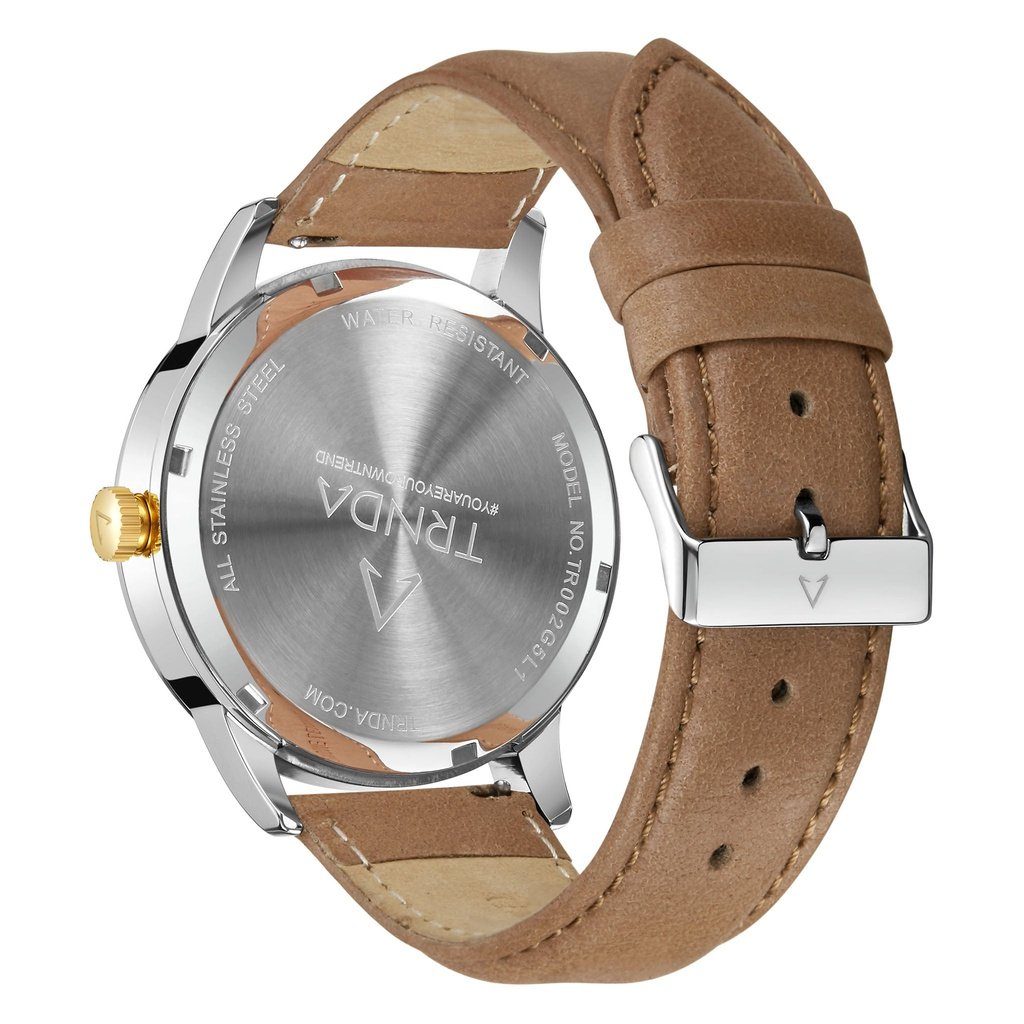 TRNDA STAINLESS STEEL 43MM MEN'S WATCH - ELEGANT GRADIENT LIGHT GRAY DIAL & TAN LEATHER BAND-3