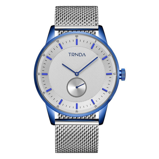 TRNDA STAINLESS STEEL MEN'S WATCH - BLUE PLATED ROUND CASE & SILVER MESH BAND-0