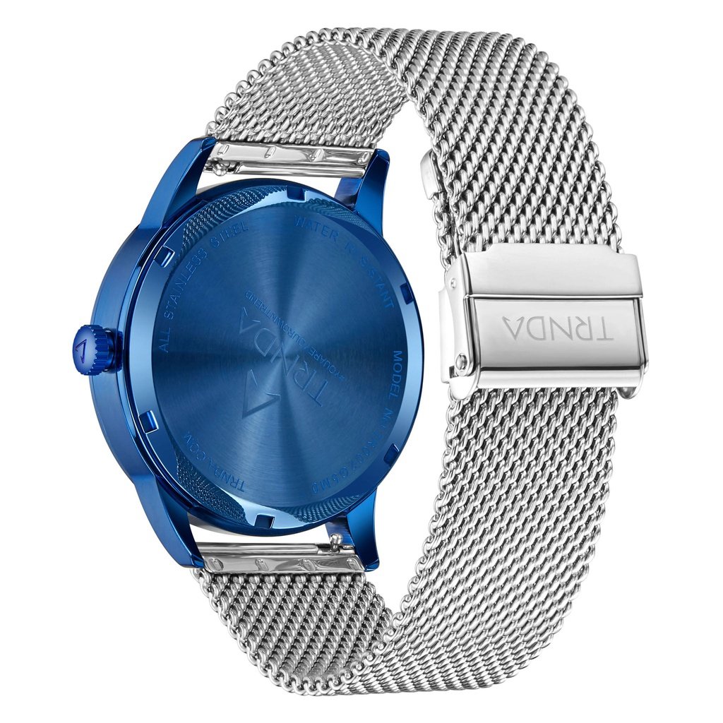 TRNDA STAINLESS STEEL MEN'S WATCH - BLUE PLATED ROUND CASE & SILVER MESH BAND-3