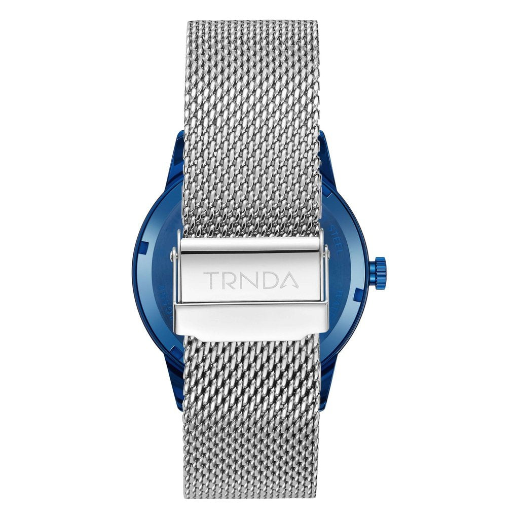 TRNDA STAINLESS STEEL MEN'S WATCH - BLUE PLATED ROUND CASE & SILVER MESH BAND-4