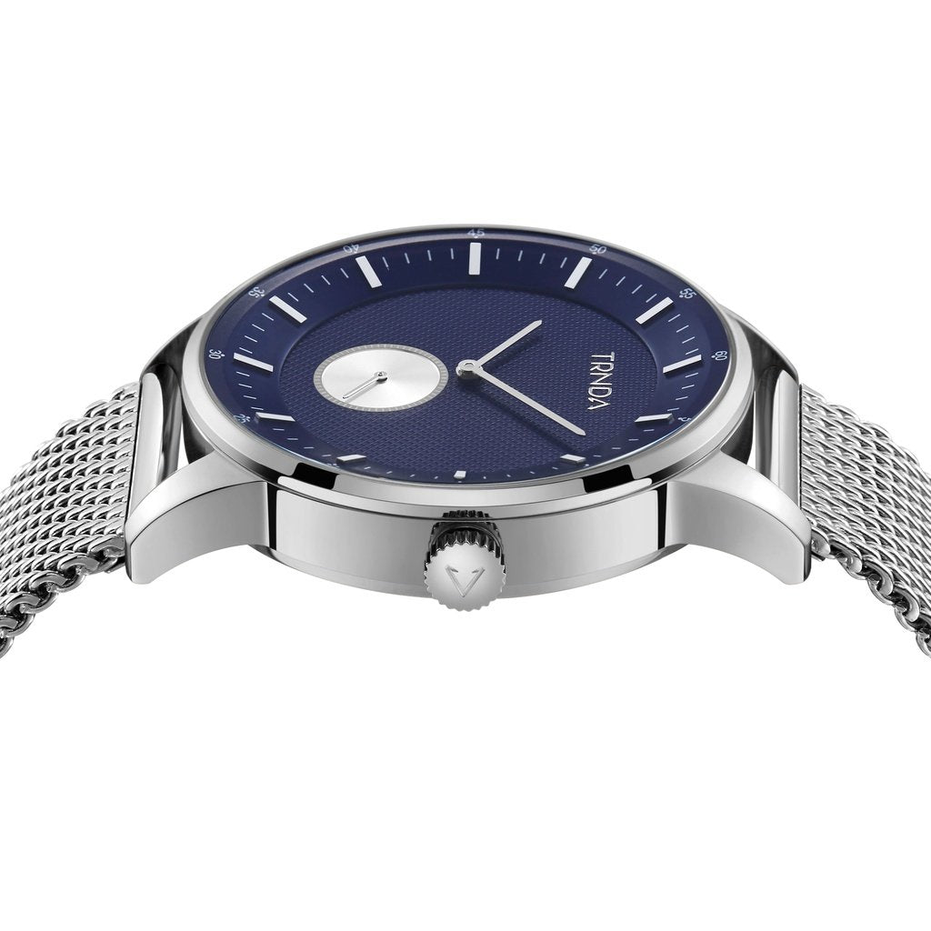 TRNDA STAINLESS STEEL MEN'S WATCH - ELEGANT BLUE DIAL WITH SILVER MESH BAND, 43MM TIMEPIECE-2