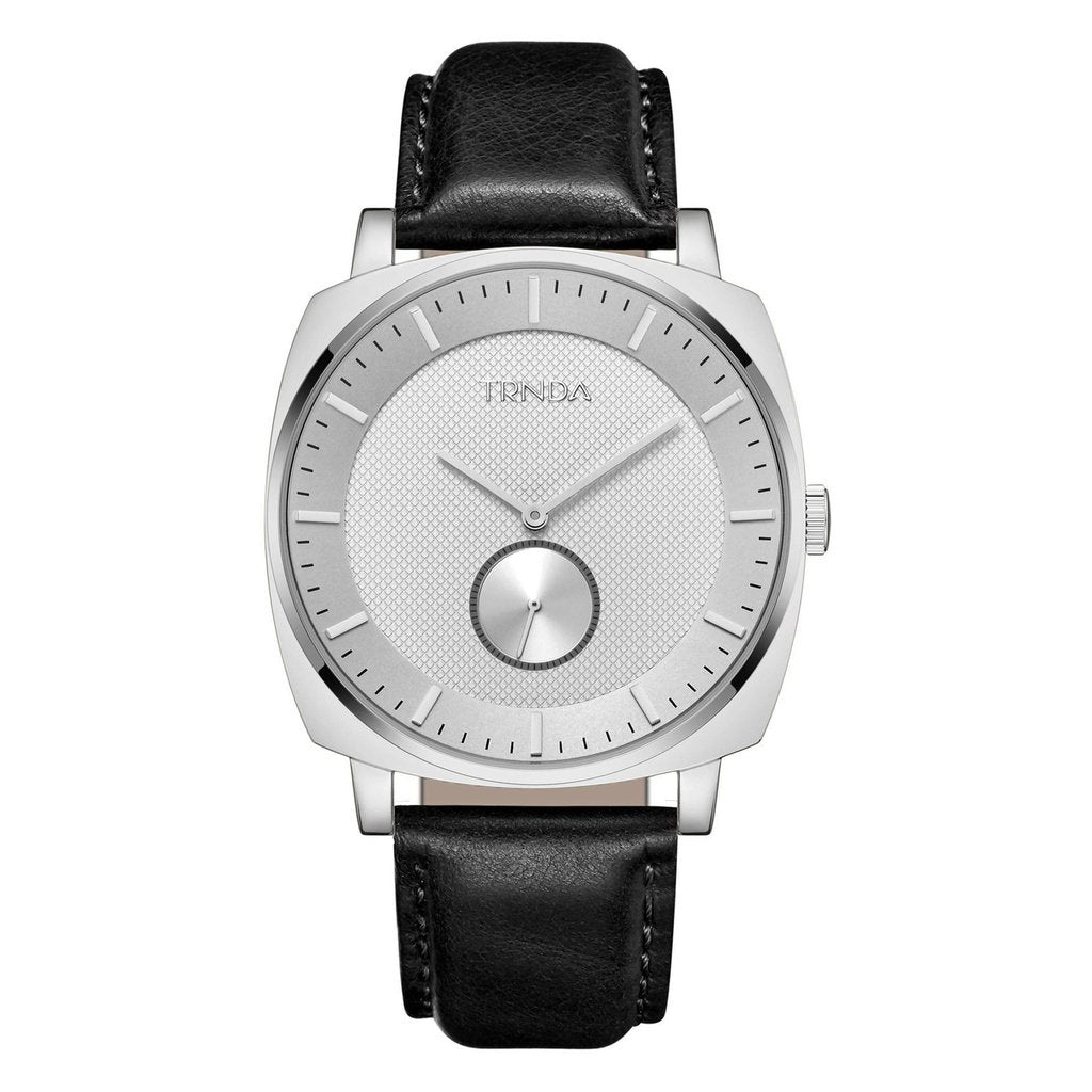 TRNDA SQUARE 45MM STAINLESS STEEL MEN'S WATCH - ELEGANT BLACK LEATHER BAND & UNIQUE SILVER DIAL-0