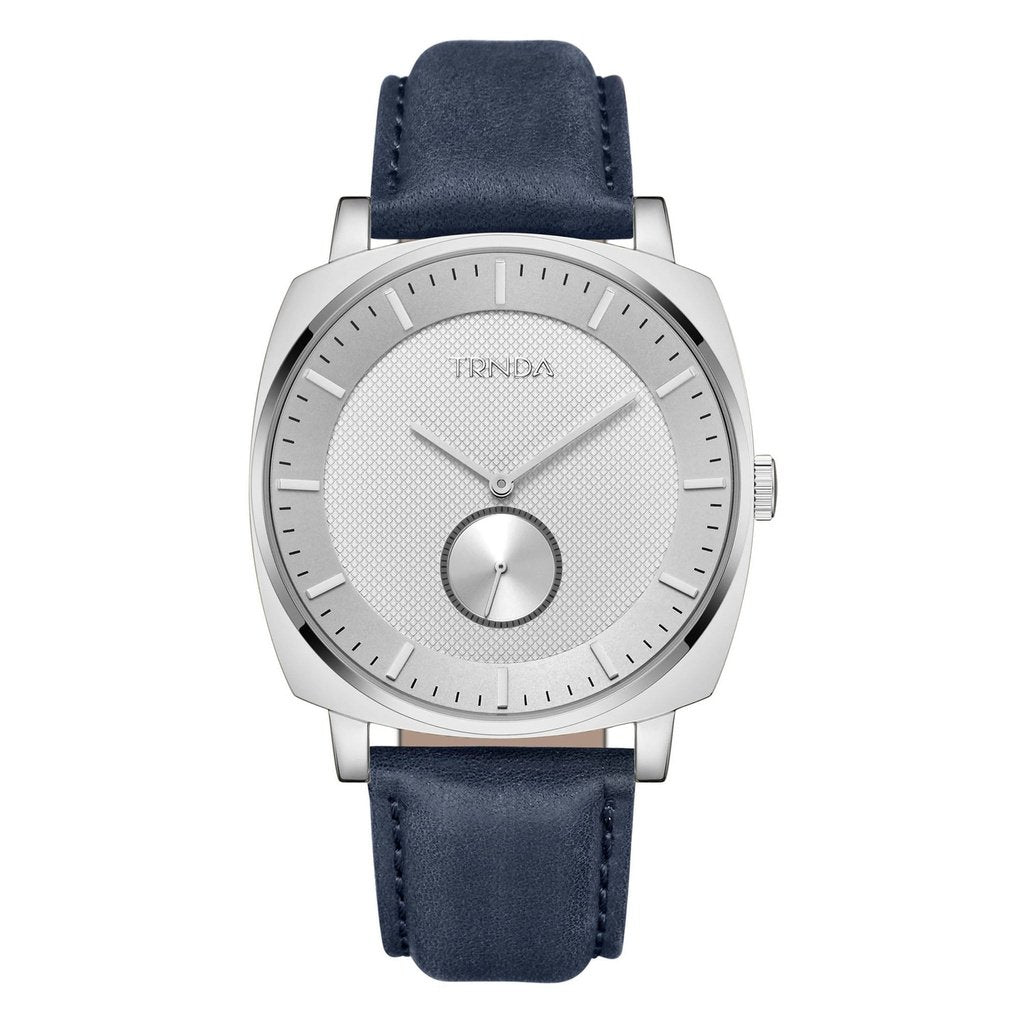 TRNDA STAINLESS STEEL SQUARE MEN'S WATCH - BLUE LEATHER BAND, SILVER DIAL, TIMELESS STYLE-0