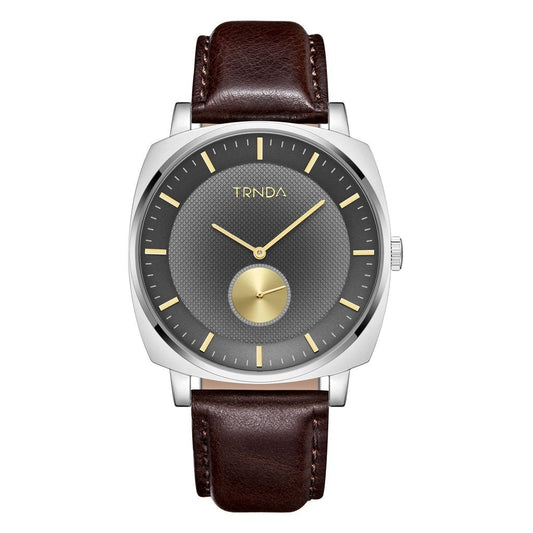 TRNDA TRENDY SQUARE STAINLESS STEEL MEN'S WATCH - GRADIENT GREY DIAL & BROWN LEATHER BAND-0