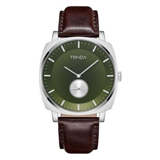 TRNDA SQUARE STAINLESS STEEL MEN'S WATCH - SEAWEED GREEN DIAL & BROWN LEATHER BAND-0