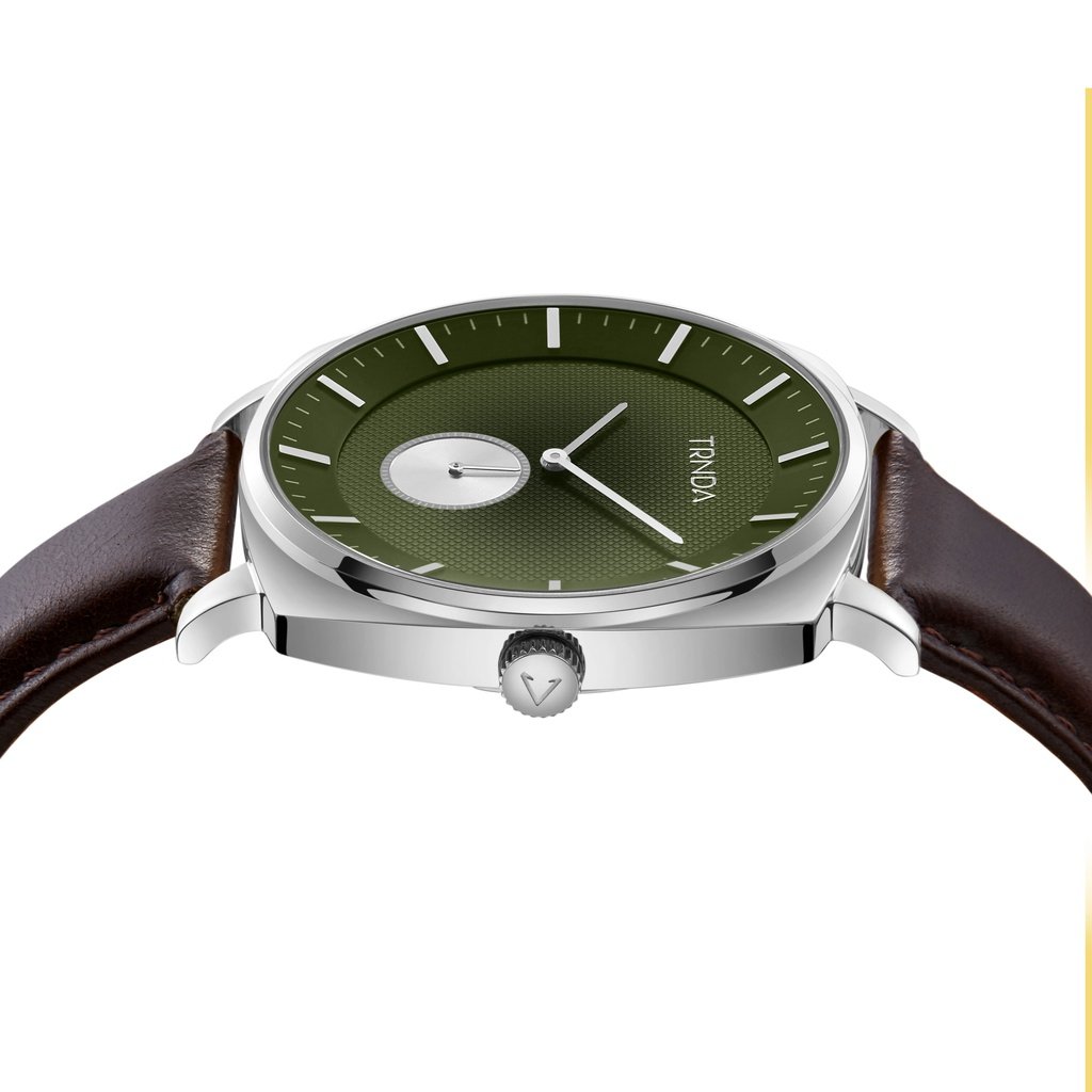 TRNDA SQUARE STAINLESS STEEL MEN'S WATCH - SEAWEED GREEN DIAL & BROWN LEATHER BAND-2