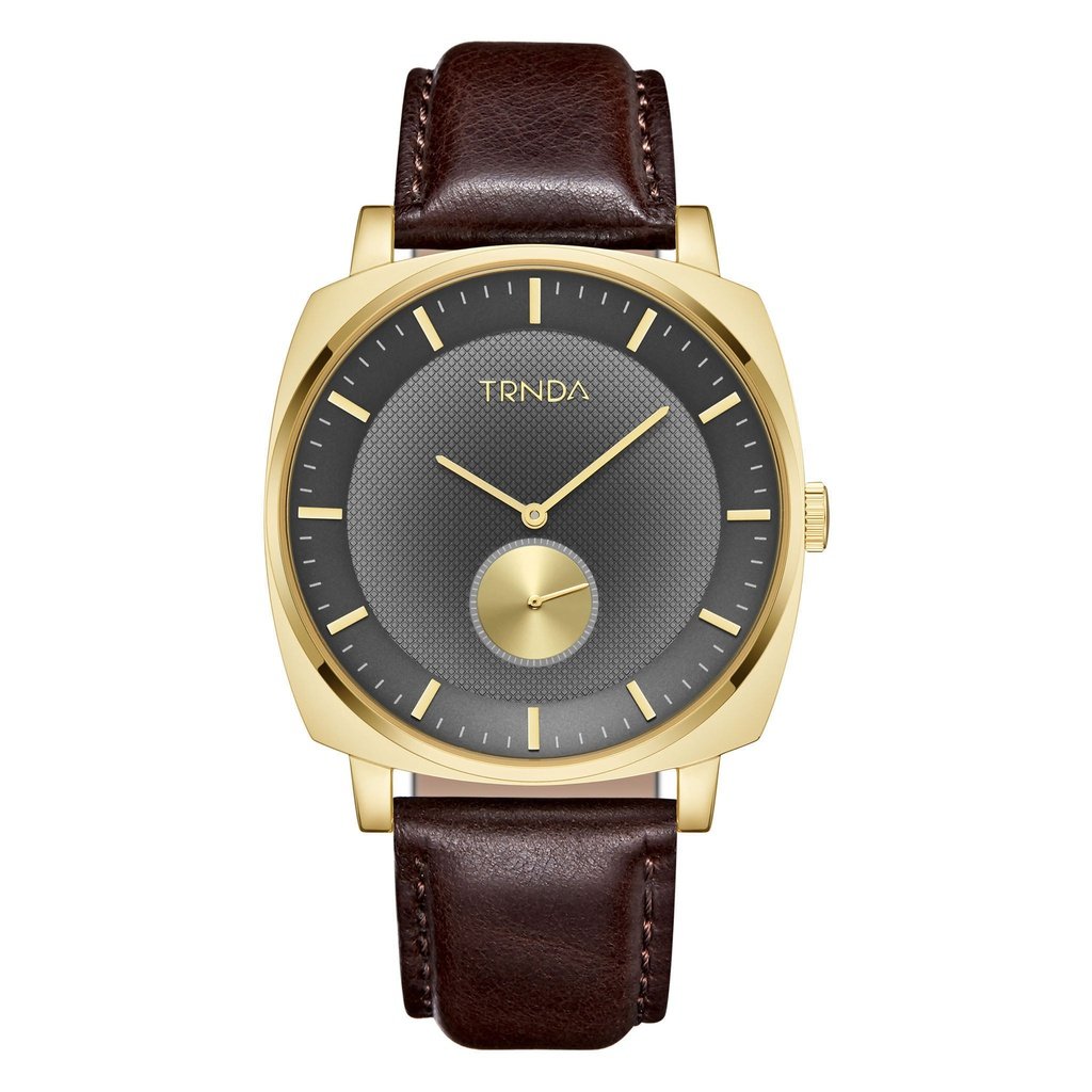 TRNDA Men's Square Gold Stainless Steel Watch with Brown Leather Band - Timeless Style Statement-0