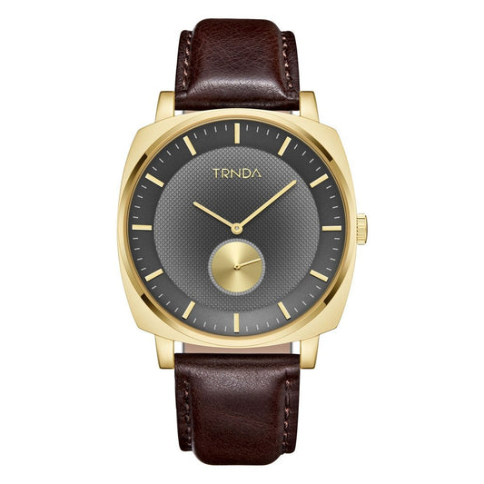 TRNDA Men's Square Gold Stainless Steel Watch with Brown Leather Band - Timeless Style Statement-0