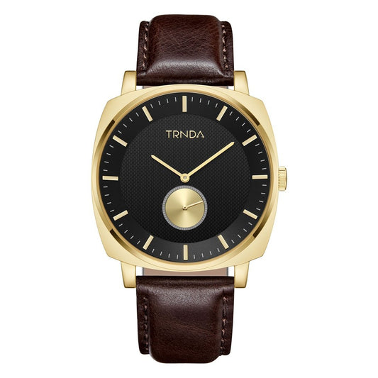 TRNDA SQUARE GOLD STAINLESS STEEL MEN'S WATCH - TIMELESS BLACK DIAL WITH BROWN LEATHER BAND-0