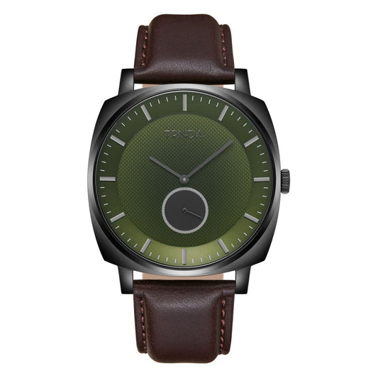 TRNDA SQUARE BLACK STAINLESS STEEL MEN'S WATCH - SEAWEED GREEN DIAL & BROWN LEATHER BAND-0