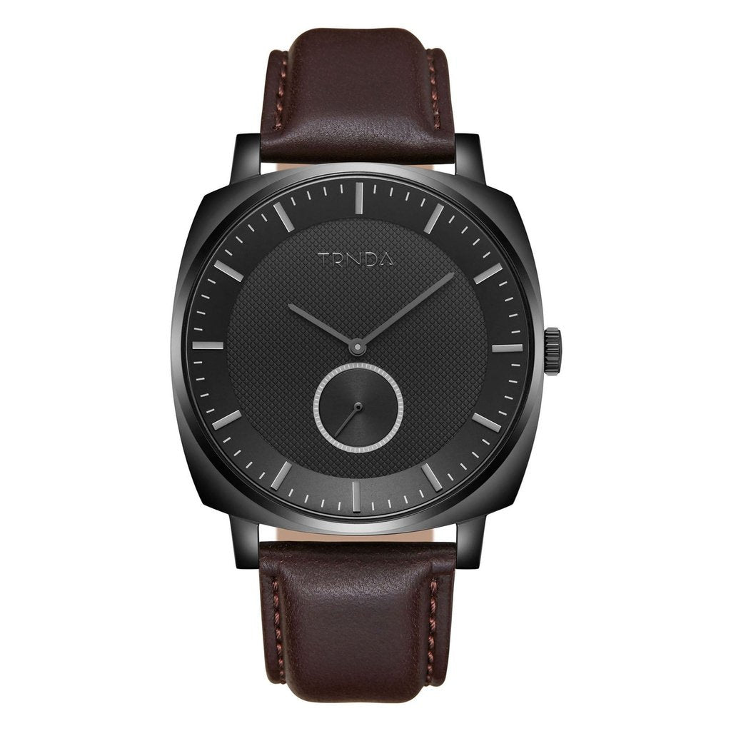 TRNDA SQUARE BLACK STAINLESS STEEL MEN'S WATCH - TIMELESS STYLE WITH BROWN LEATHER BAND-0