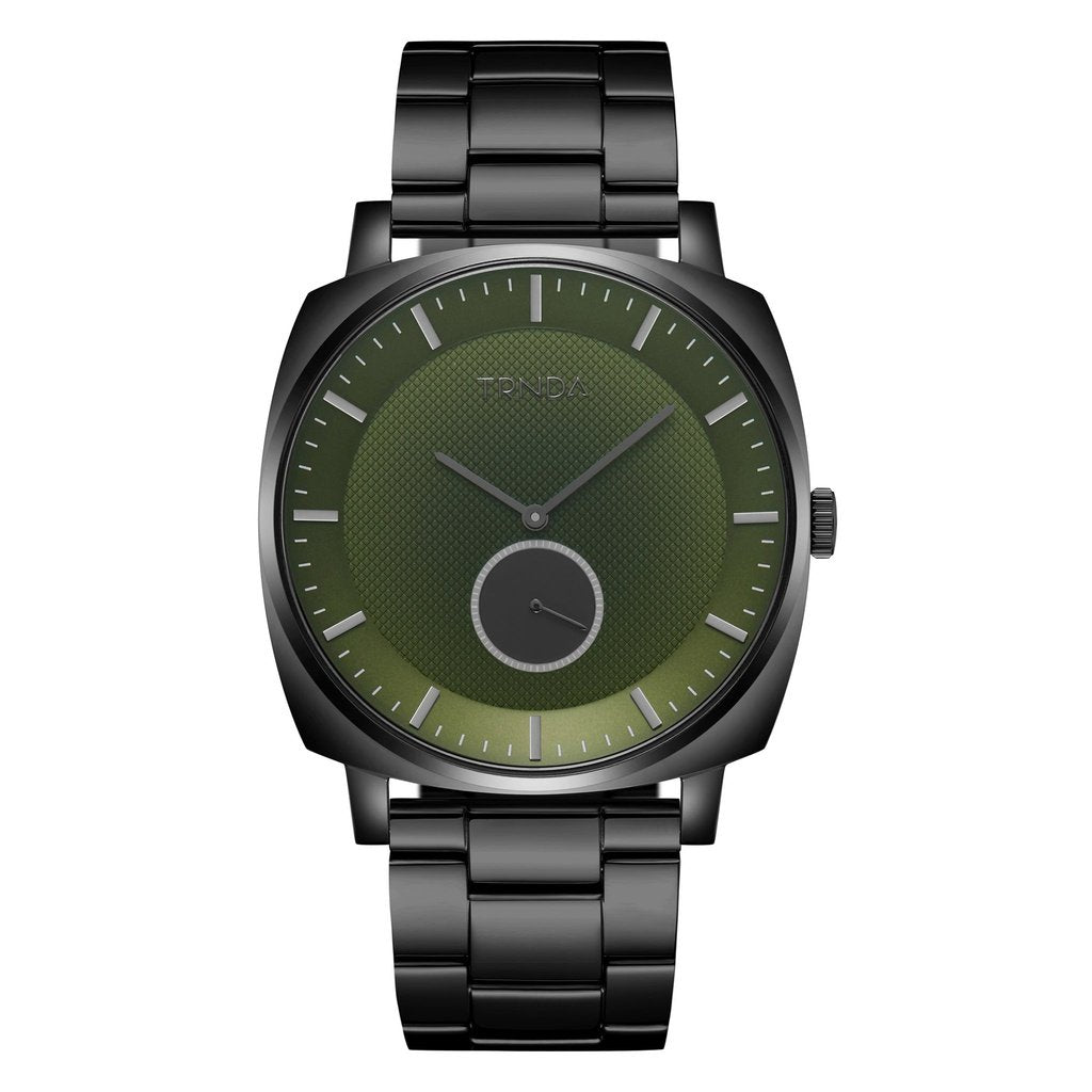 TRNDA MEN'S SQUARE BLACK STAINLESS STEEL WATCH - SEAWEED GREEN DIAL, TRENDY & DURABLE-0