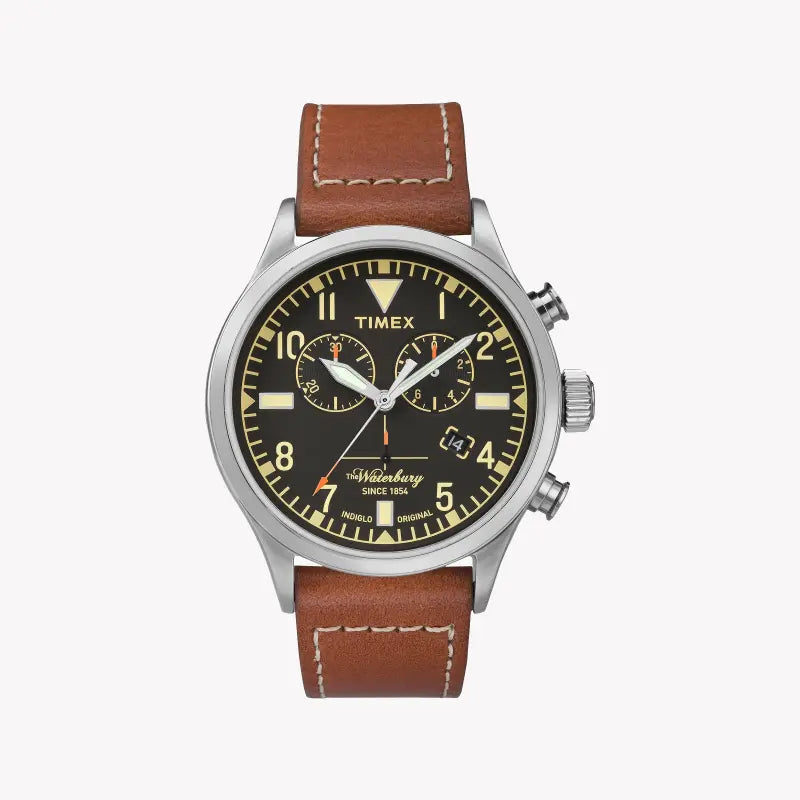 TIMEX HERITAGE WATERBURY TW2P84300 - ELEGANT MEN'S CHRONOGRAPH WITH LEATHER STRAP & INDIGLO LIGHT-0