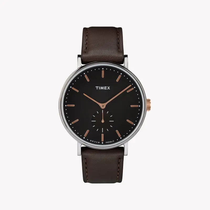 TIMEX FAIRFIELD ESSENTIAL - TIMELESS MEN'S WATCH WITH BROWN LEATHER STRAP & BLACK DIAL-0