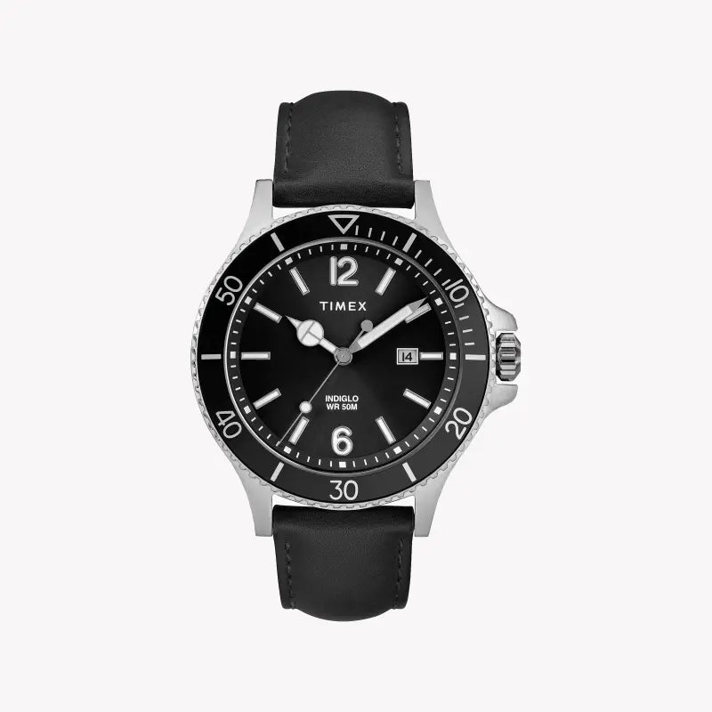 TIMEX City Collection TW2R64400 HARBOURSIDE - MEN'S BLACK LEATHER & INDIGLO DIAL WATCH-0