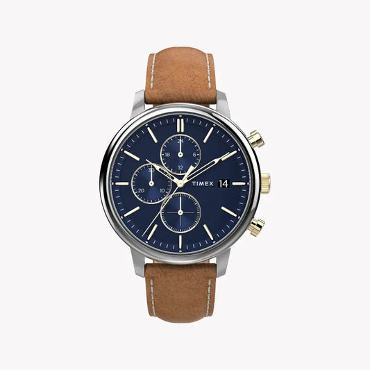 TIMEX CITY COLLECTION CHICAGO TW2U39000 - MEN'S BLUE DIAL & TAN LEATHER WATCH-0