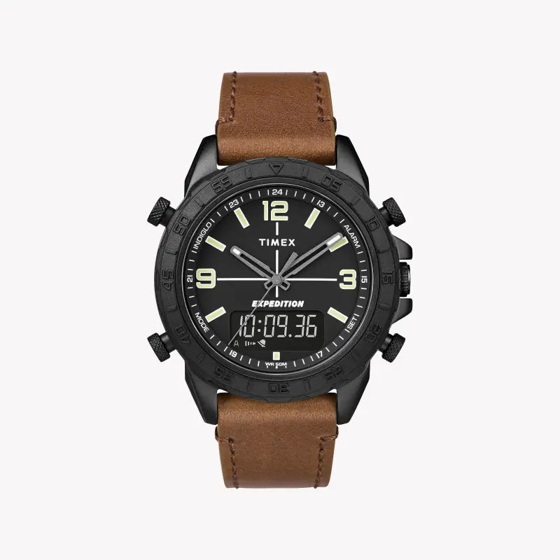 TIMEX EXPEDITION PIONEER - RUGGED MEN'S WATCH WITH BROWN LEATHER STRAP & BLACK DIAL-0