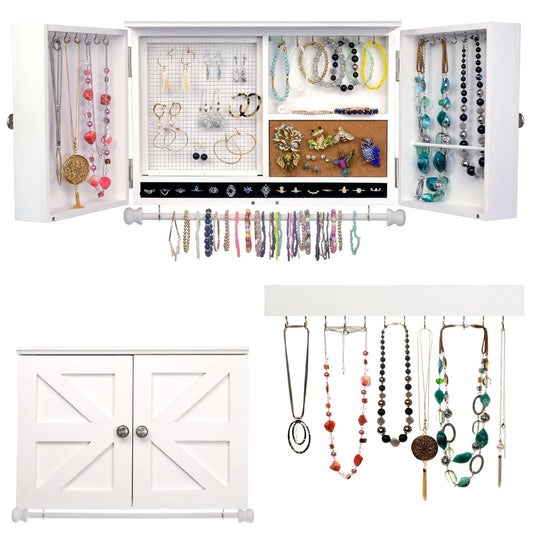 Rustic Wall Mounted Jewelry Organizer with Wooden Barndoor Decor - Solid White - EGP-HD-0432