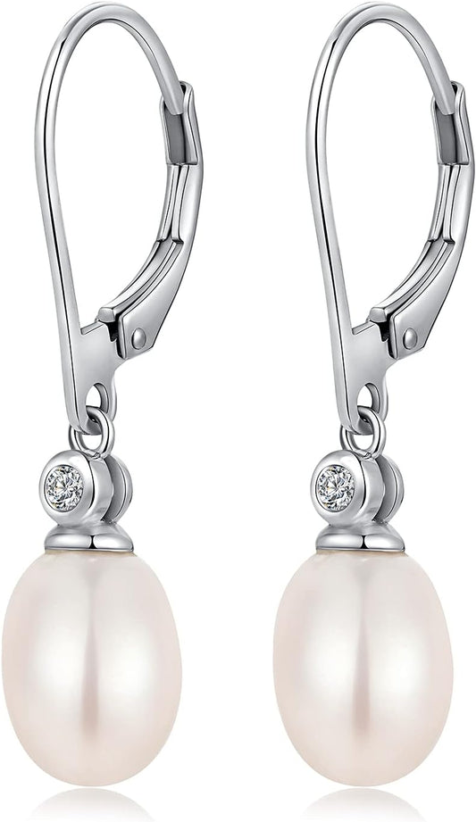 Pearl Earrings Dangle Silver Pearl Leverback Earrings Pearl Dangling Earrings Sterling Silver Pearl Earrings for Women Pearl Hoop Earrings Cubic Zirconia Pearl CZ Earrings Pearl Diamond Earrings