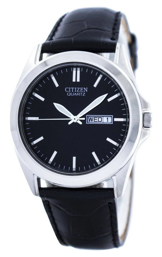 Men'S Quartz Stainless Watch Black Leather Strap Black Dial BF0580-06E