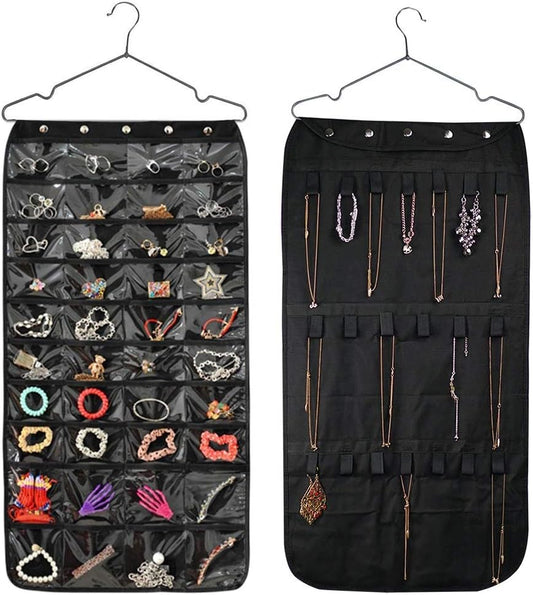 Hanging Jewelry Organizer Double Sided 40 Pockets & 20 Magic Tape Hook Storage Bag Closet Storage for Earrings Necklace Bracelet Ring Display Pouch (Black)