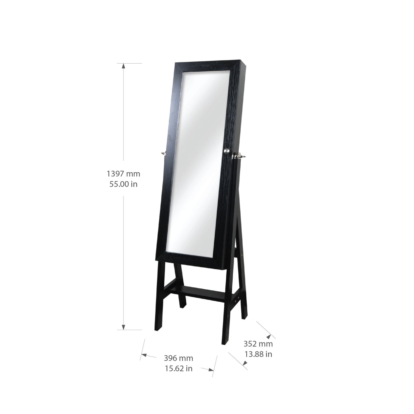 Prinz Black Jewelry Armoire Cabinet, Full-Length Mirror, Organizer with Hooks, Ring Slots, 3 Shelves