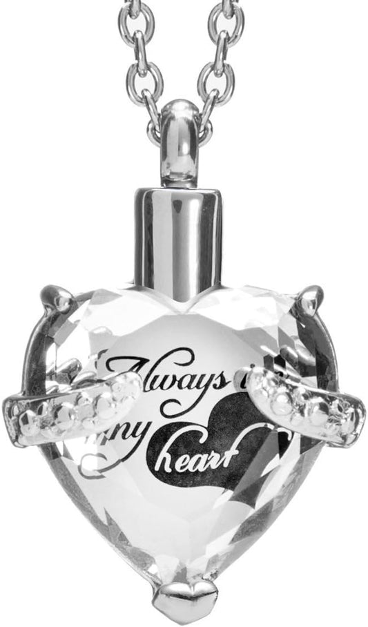 Crystal Cremation Jewelry Urn Necklace for Ashes Always in My Heart Memorial Urn Heart Pendant Keepsake Stainless Steel Jewelry