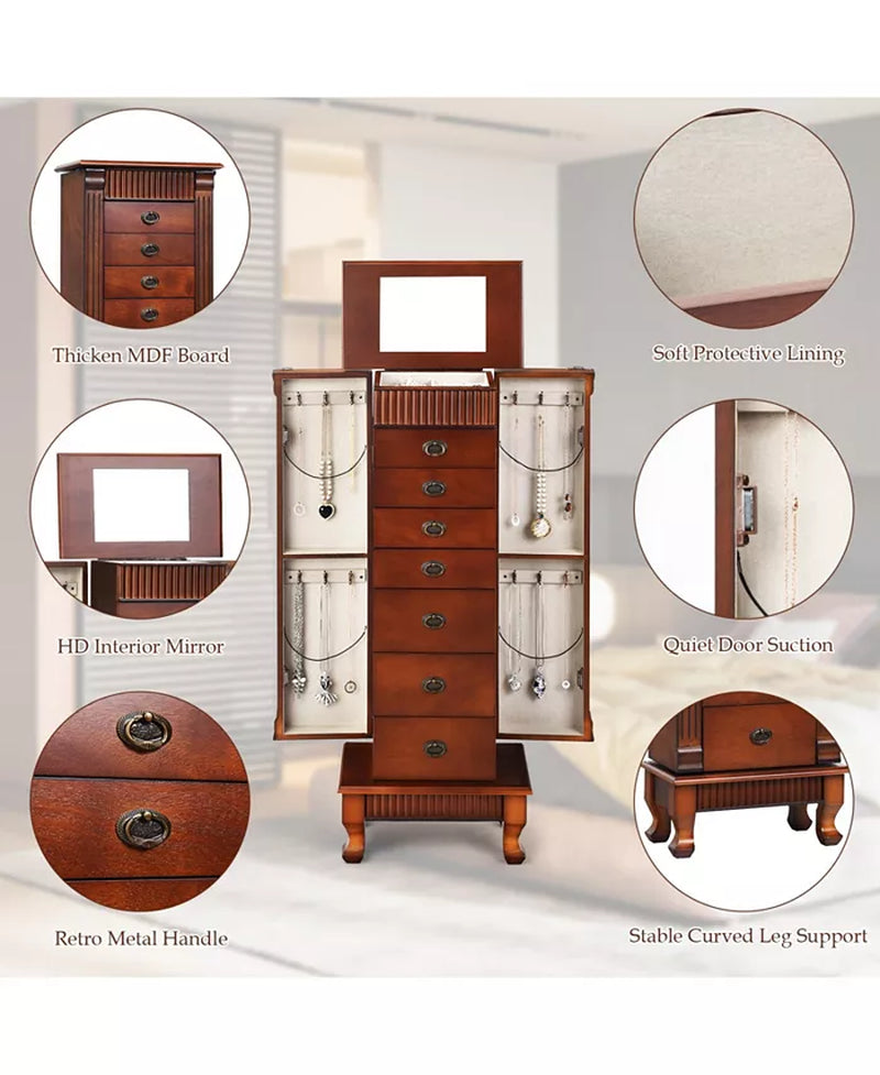 Wooden Jewelry Armoire Cabinet Storage Chest with Drawers and Swing Doors