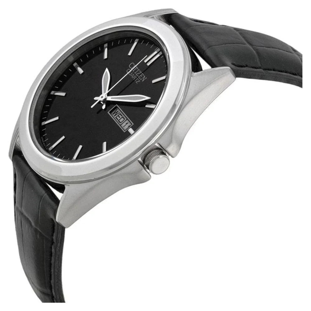 Men'S Quartz Stainless Watch Black Leather Strap Black Dial BF0580-06E