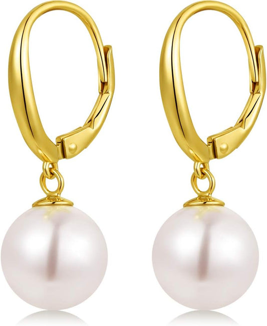 925 Sterling Silver Pearl Dangle Earrings for Women, Cubic Zirconia Pearl Earrings, 8MM-10MM