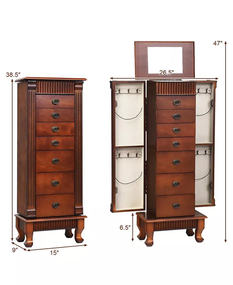 Wooden Jewelry Armoire Cabinet Storage Chest with Drawers and Swing Doors