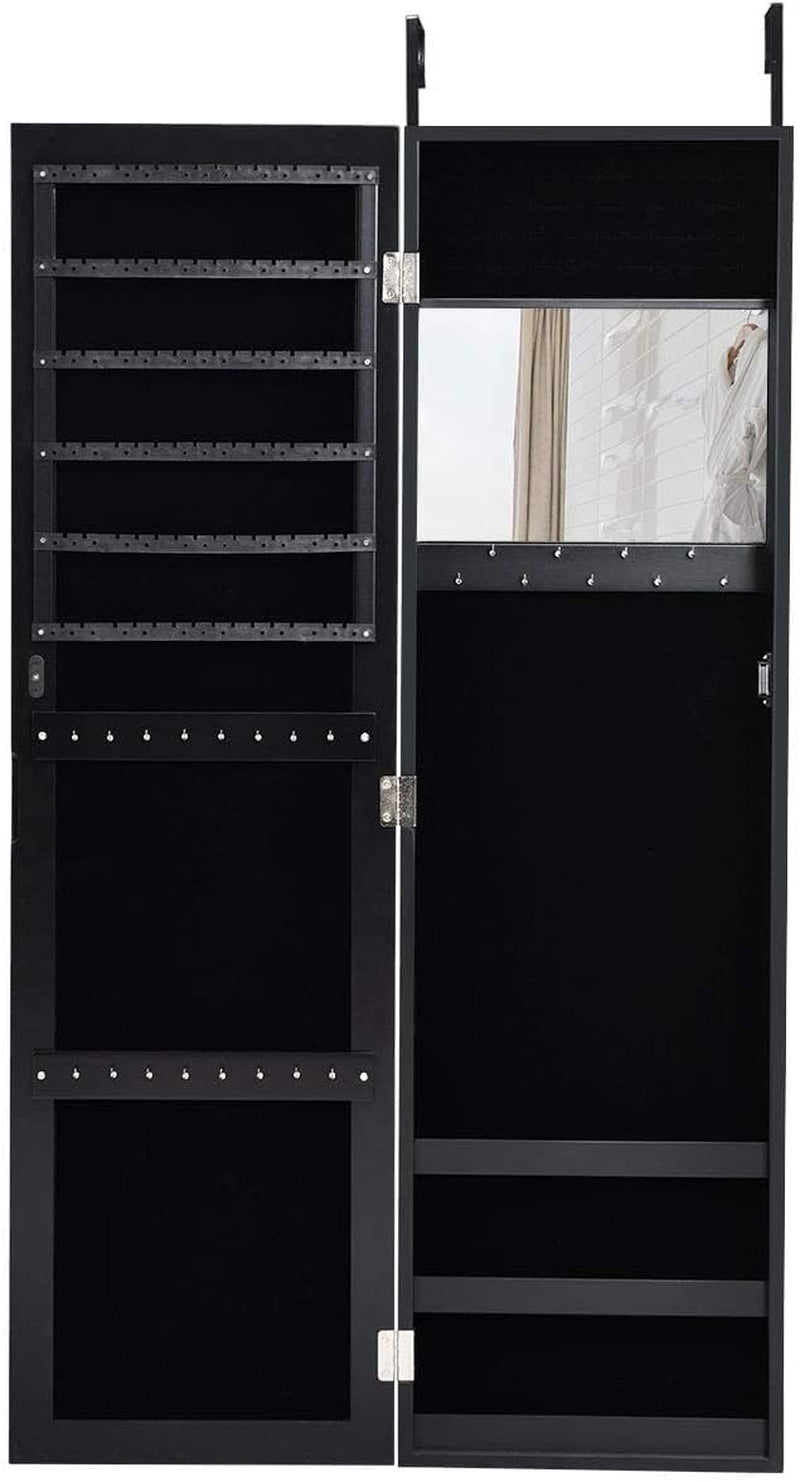 Jewelry Armoire Cabinet Wall Door Mounted with Full Length Mirror, Jewelry Organizer with Makeup Mirror, Ring Earring Slots, Necklace Hooks, Large Capacity Storage Jewelry Armoire (Black)