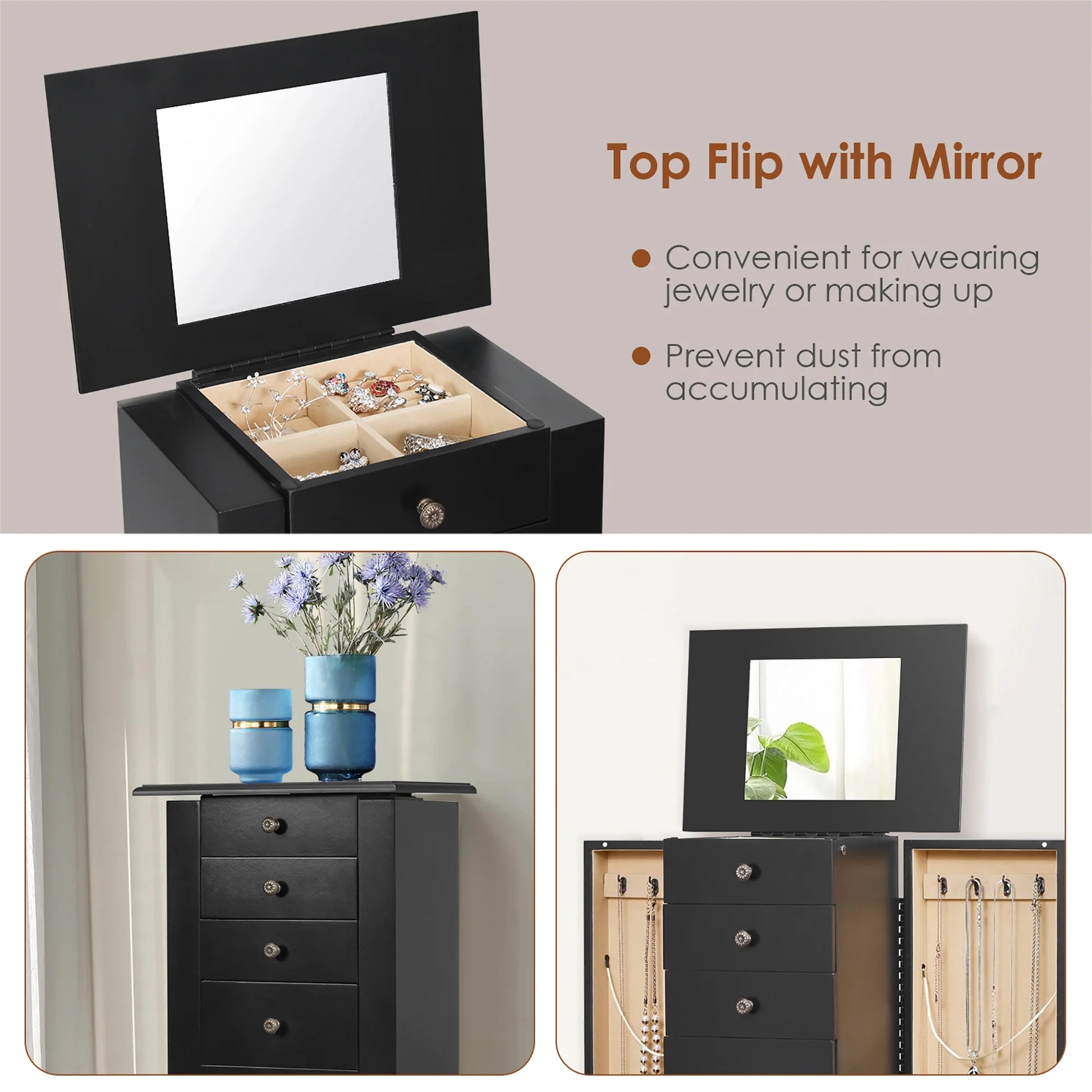 Jewelry Cabinet Storage Chest Standing Organizer Mirror Black